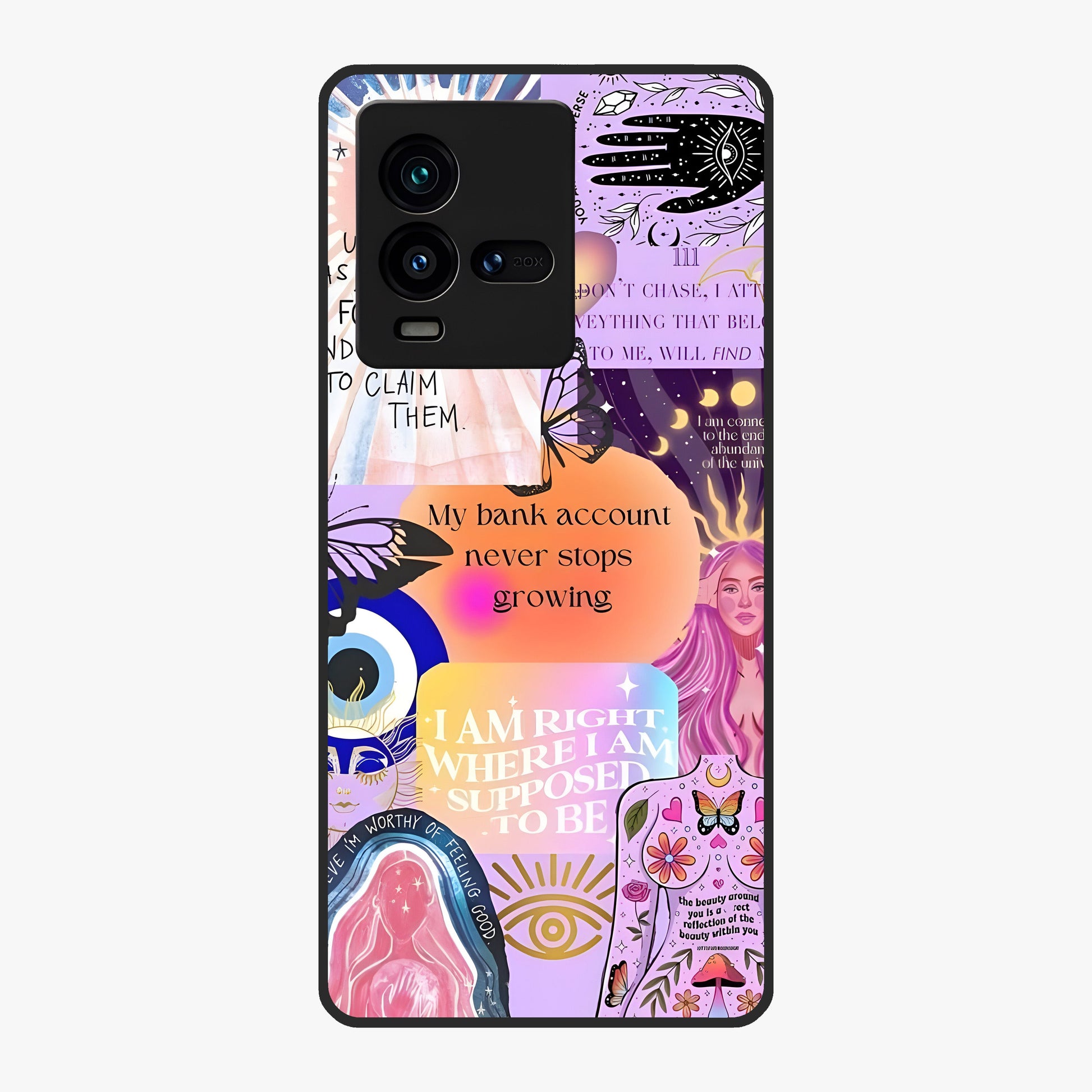 Manifestation Collage Glass Case showing flat back view with motivational collage artwork and glossy glass finish.