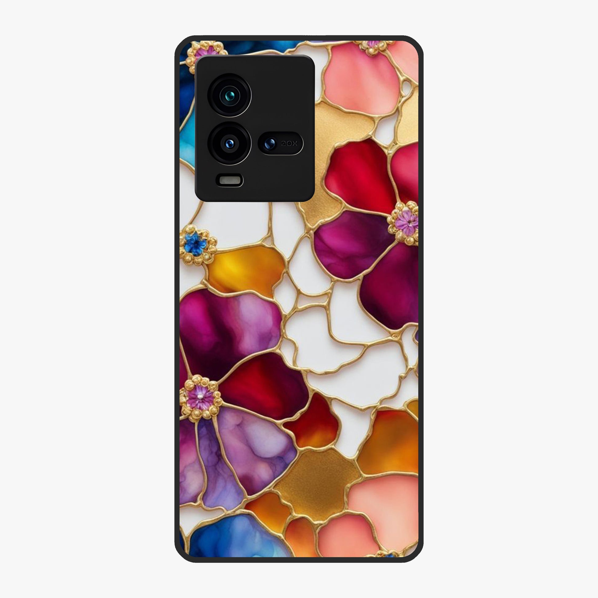 Marble Flower Pattern Glass Case showing flat back view with marble texture floral artwork and glossy glass finish.
