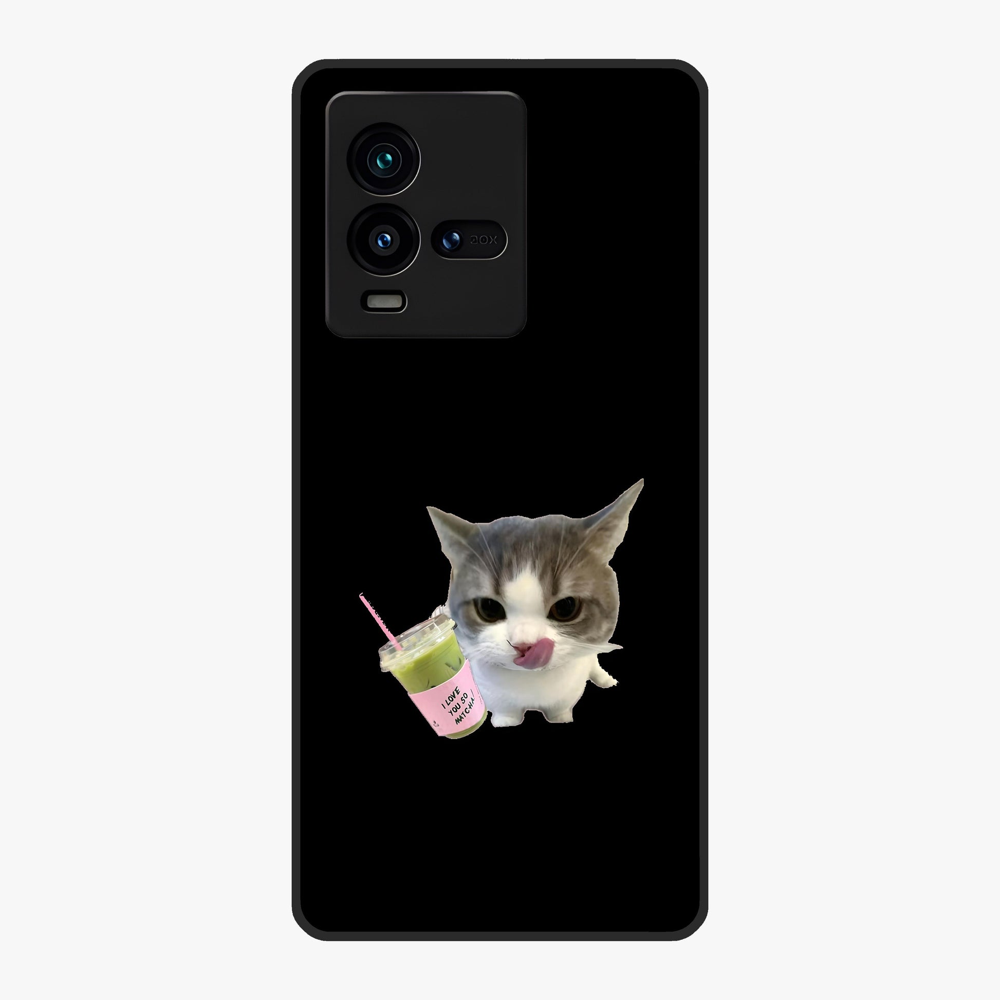 Matcha Cat Style Glass Case showing flat back view with cute matcha themed cat artwork and glossy glass finish.