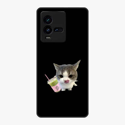 Matcha Cat Style Glass Case showing flat back view with cute matcha themed cat artwork and glossy glass finish.
