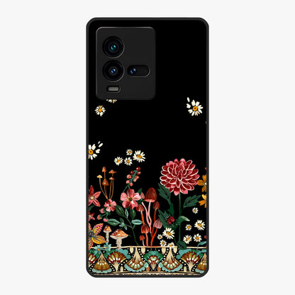 Midnight Bloom Pattern Glass Case showing flat back view with dark floral pattern artwork and glossy glass finish.