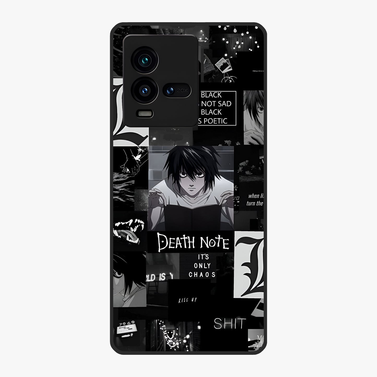 Midnight Chaos Mind Glass Case showing flat back view with abstract dark themed artwork and glossy glass finish.