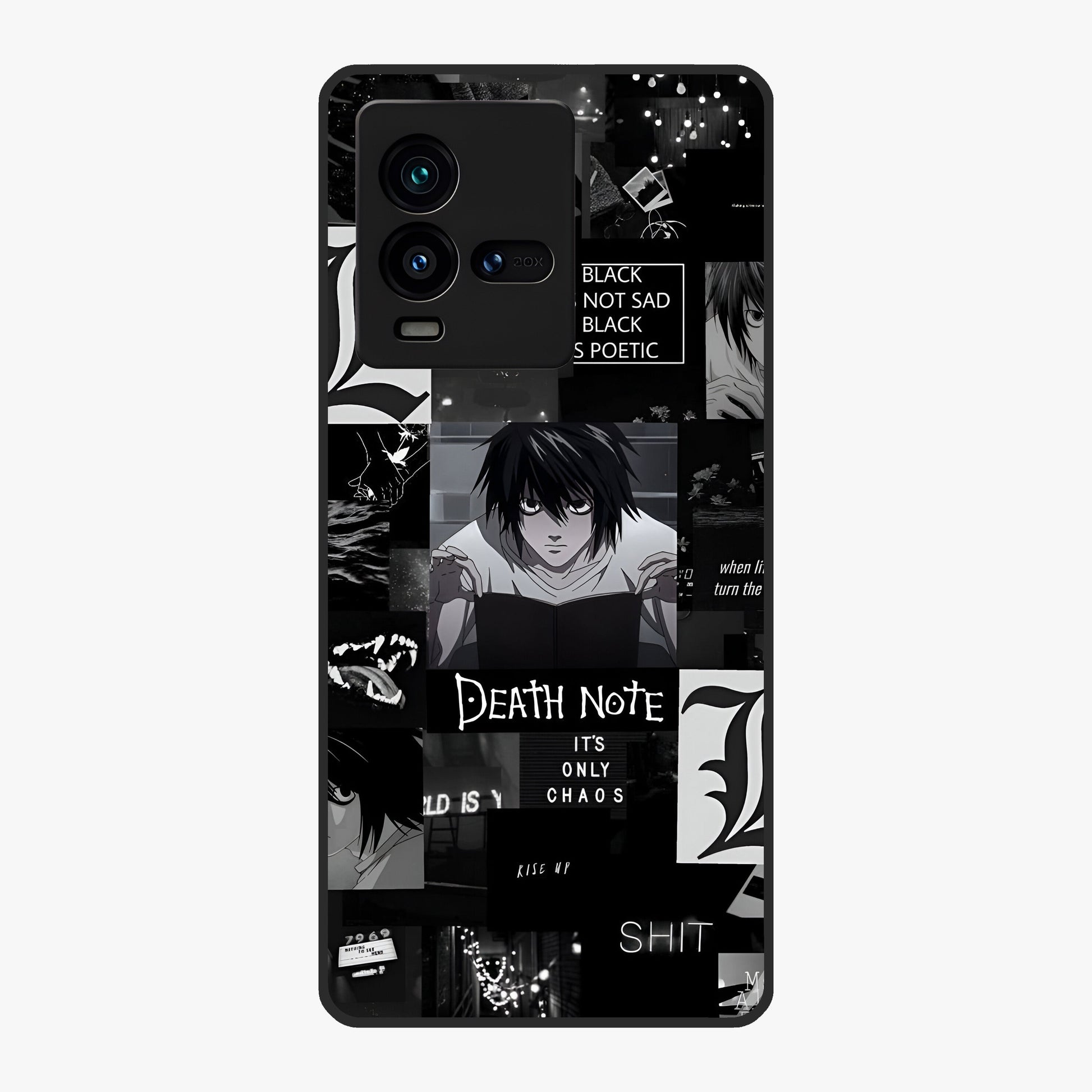 Midnight Chaos Mind Glass Case showing flat back view with abstract dark themed artwork and glossy glass finish.
