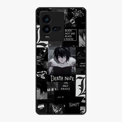 Midnight Chaos Mind Glass Case showing flat back view with abstract dark themed artwork and glossy glass finish.