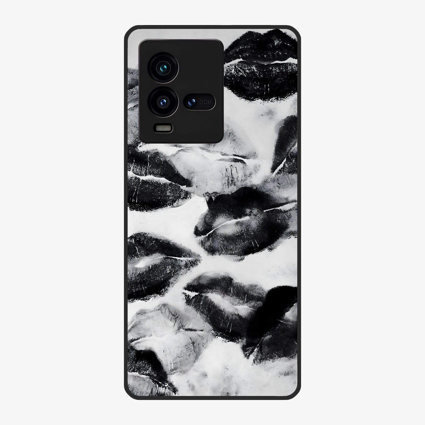 Midnight Kiss Marks Glass Case showing flat back view with lipstick kiss mark artwork and glossy glass finish.