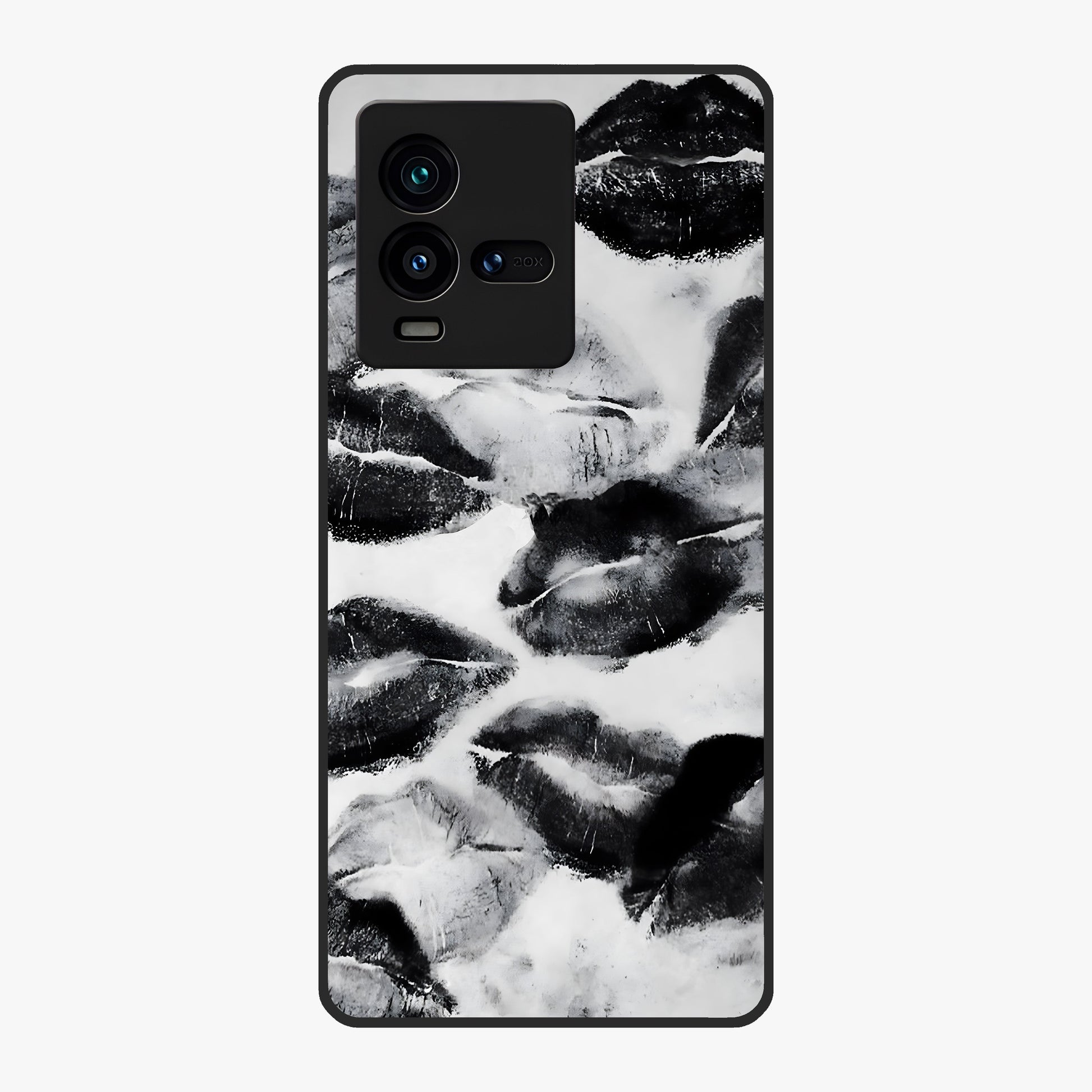 Midnight Kiss Marks Glass Case showing flat back view with lipstick kiss mark artwork and glossy glass finish.