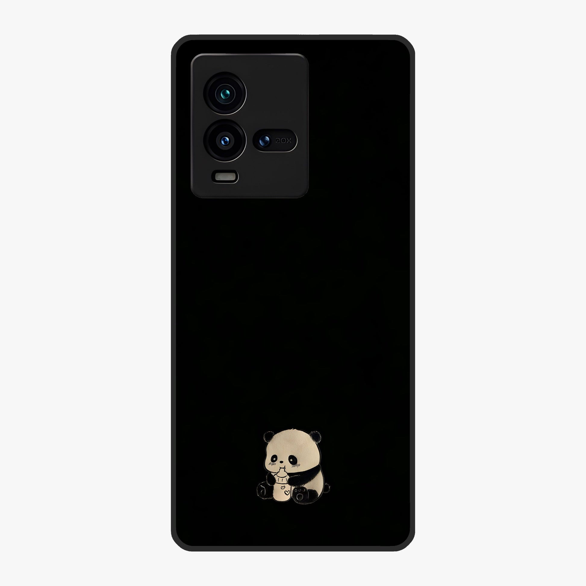 Midnight Panda Love Glass Case showing flat back view with cute panda themed artwork and glossy glass finish.