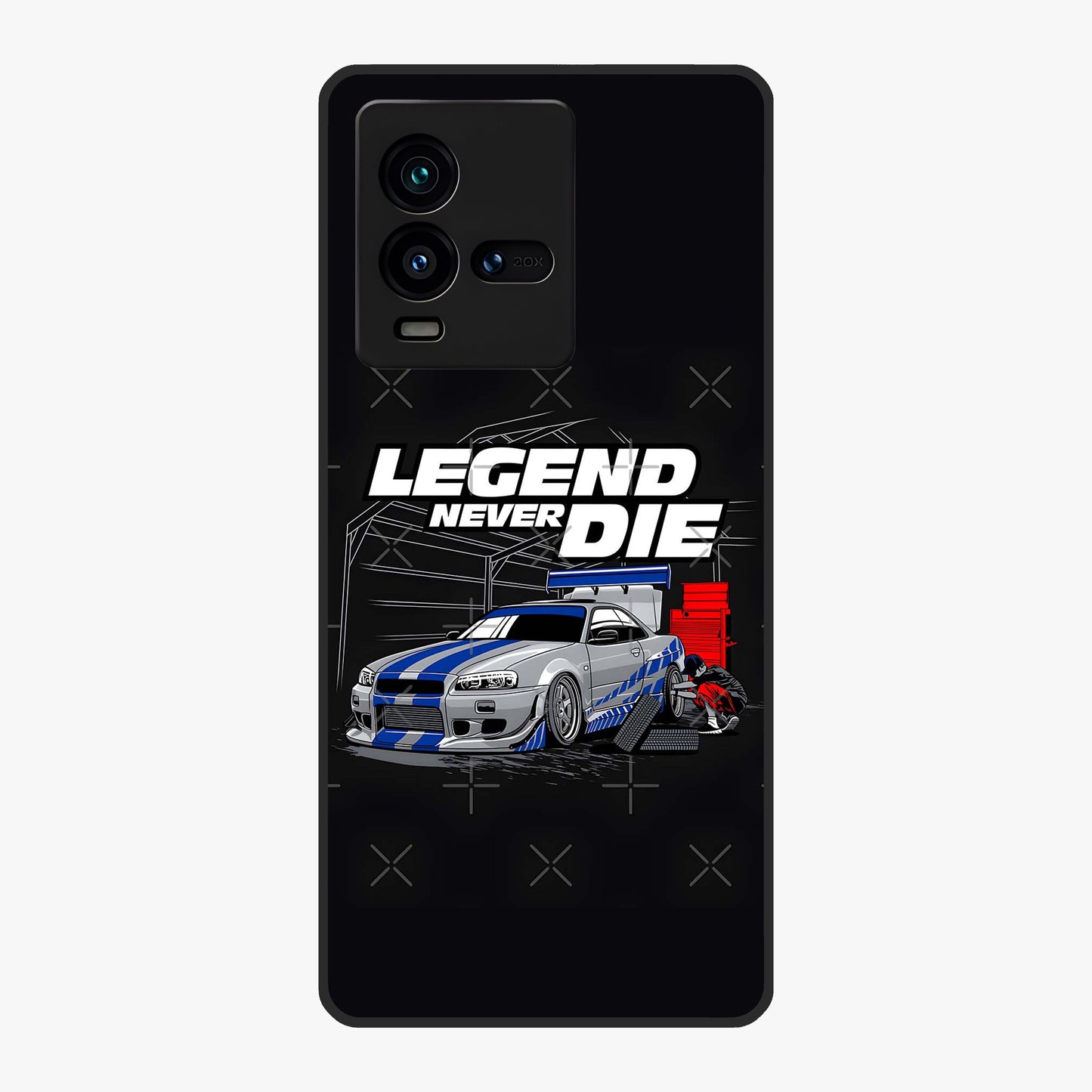 Midnight Racing Legacy Glass Case showing flat back view with sleek racing inspired artwork and glossy glass finish.
