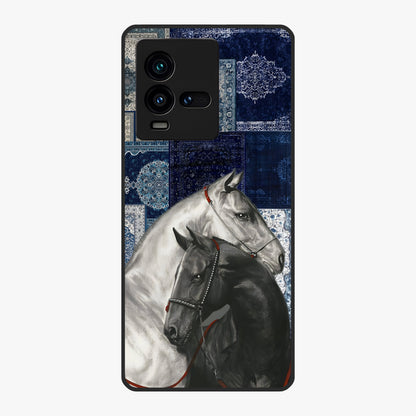 Midnight Stallion Blues Glass Case showing flat back view with majestic horse artwork and glossy glass finish.
