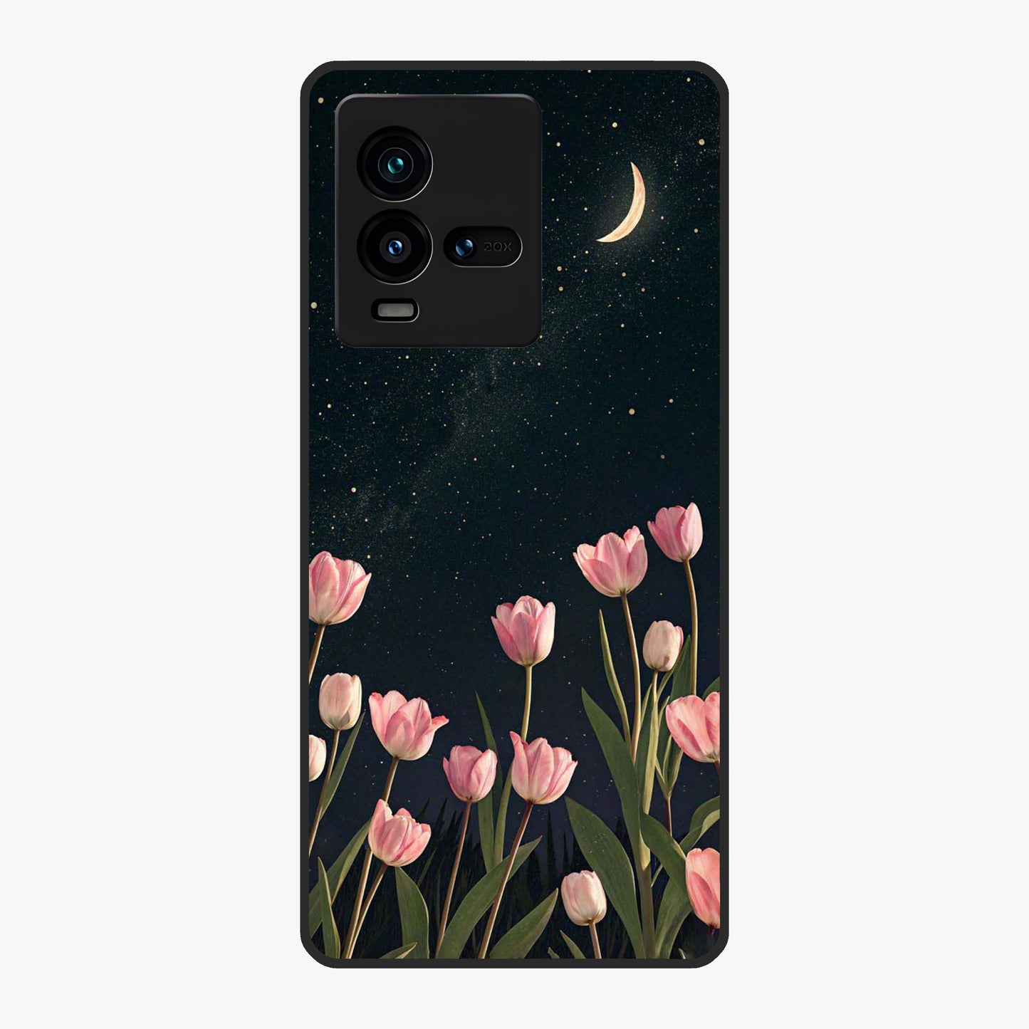 Midnight Tulip Whispers Vibe Glass Case showing flat back view with elegant tulip flower artwork and glossy glass finish.