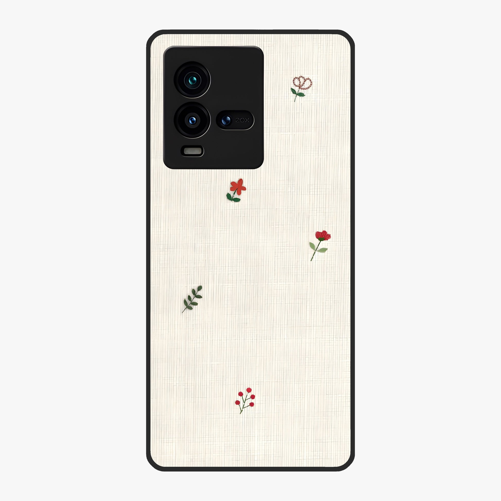 Minimal Petal Whispers Glass Case showing flat back view with soft minimal floral artwork and glossy glass finish.