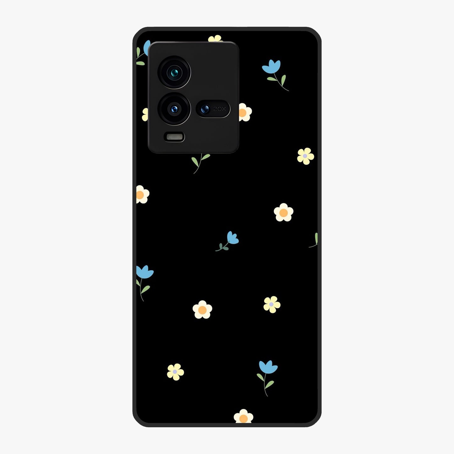 Minimalistic Blue With White Flower Pattern Glass Case showing flat back view with blue background and white flower pattern and glossy glass finish.