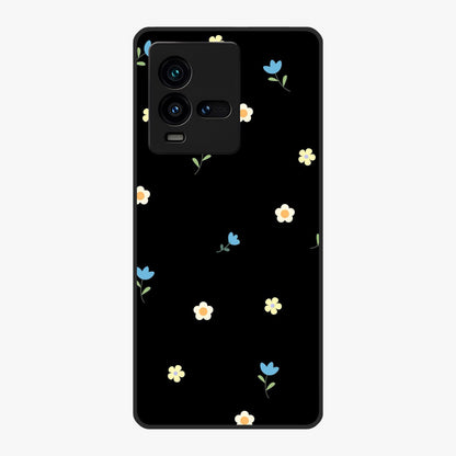 Minimalistic Blue With White Flower Pattern Glass Case showing flat back view with blue background and white flower pattern and glossy glass finish.