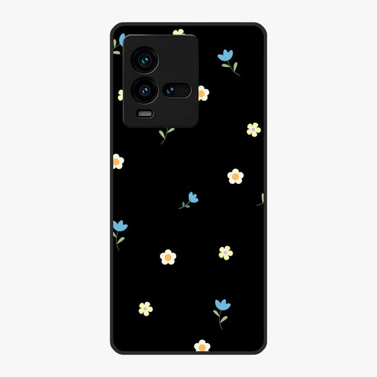 Minimalistic Blue With White Flower Pattern Glass Case showing flat back view with blue background and white flower pattern and glossy glass finish.