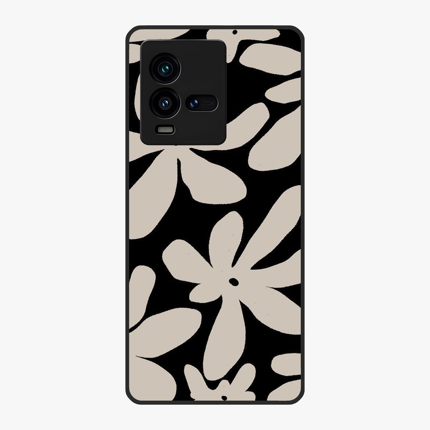 Monochrome Petal Dance Glass Case showing flat back view with monochrome floral artwork and glossy glass finish.