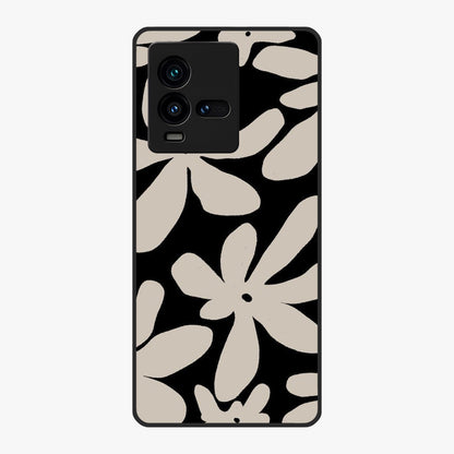 Monochrome Petal Dance Glass Case showing flat back view with monochrome floral artwork and glossy glass finish.