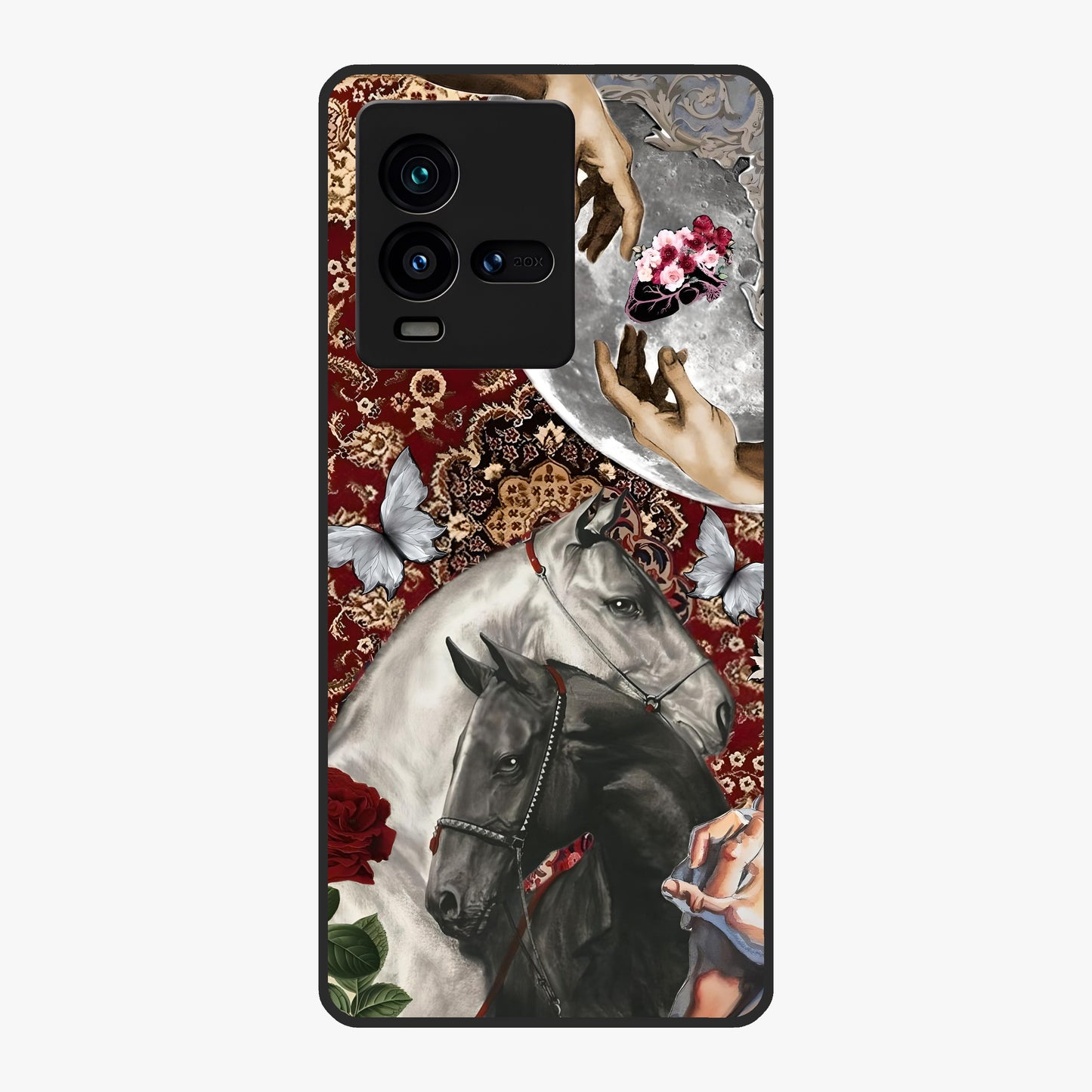 Moonlit Royal Stallion Glass Case showing flat back view with majestic horse under moonlight artwork and glossy glass finish.