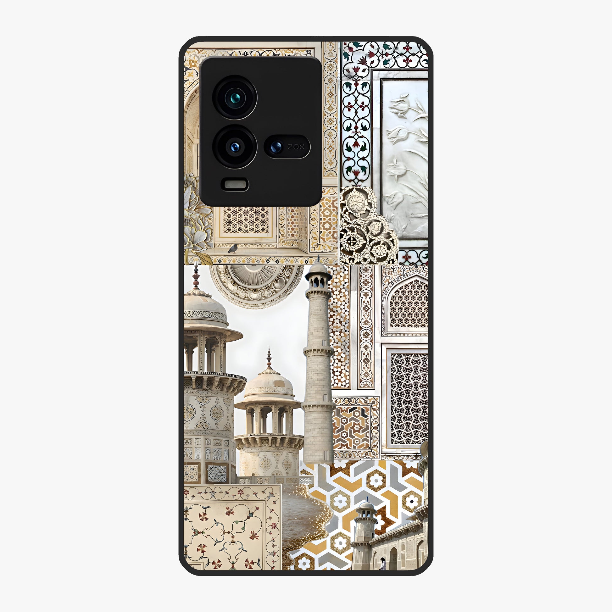 Mughal Marble Legacy Glass Case showing flat back view with intricate Mughal inspired marble pattern and glossy glass finish.