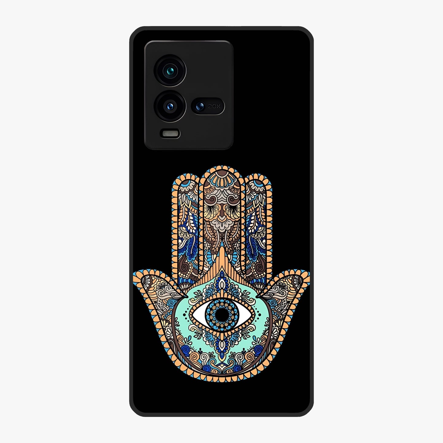 Mystic Hamsa Eye Glass Case showing flat back view with protective hamsa hand and evil eye artwork and glossy glass finish.