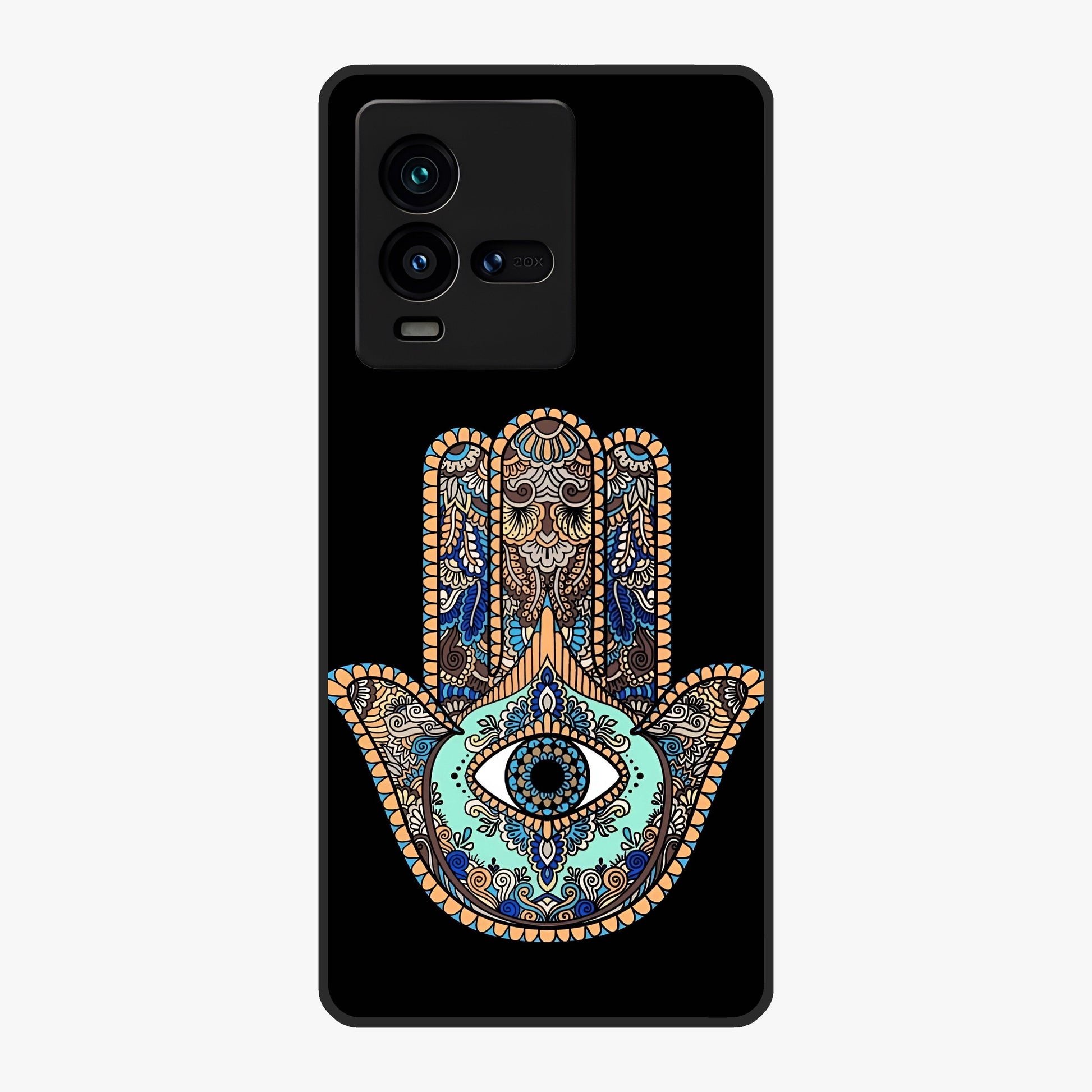 Mystic Hamsa Eye Glass Case showing flat back view with protective hamsa hand and evil eye artwork and glossy glass finish.