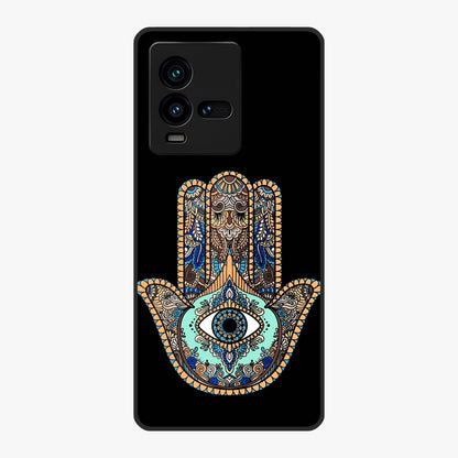 Mystic Hamsa Eye Glass Case showing flat back view with protective hamsa hand and evil eye artwork and glossy glass finish.