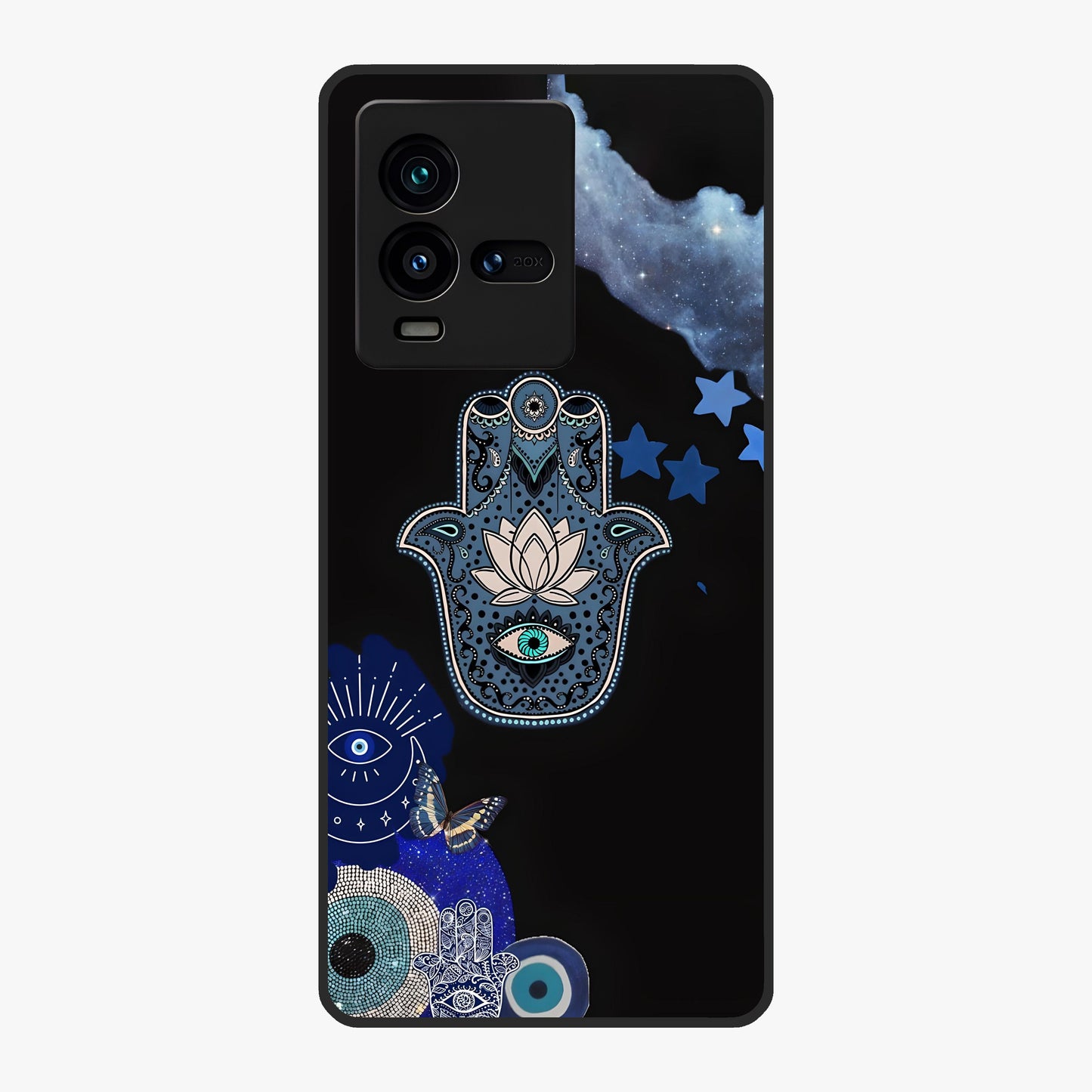 Mystic Hand Aura Glass Case showing flat back view with mystical hand symbol artwork and glossy glass finish.