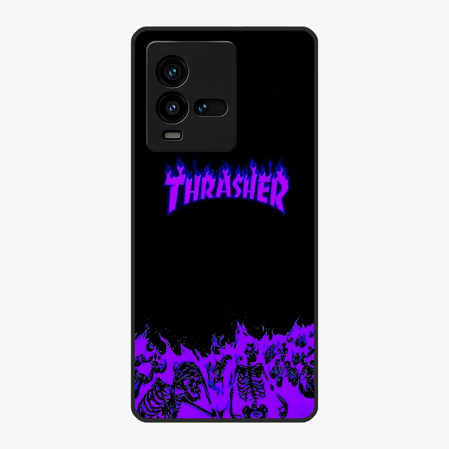 Neon Flame Riot Glass Case showing flat back view with neon flame artwork and glossy glass finish.