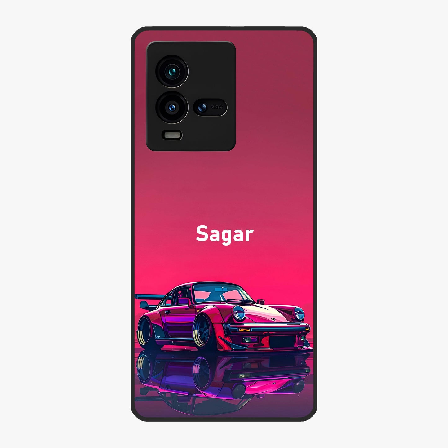 Neon Pink Porsche Glass Case showing flat back view with stylish sports car artwork and glossy glass finish.