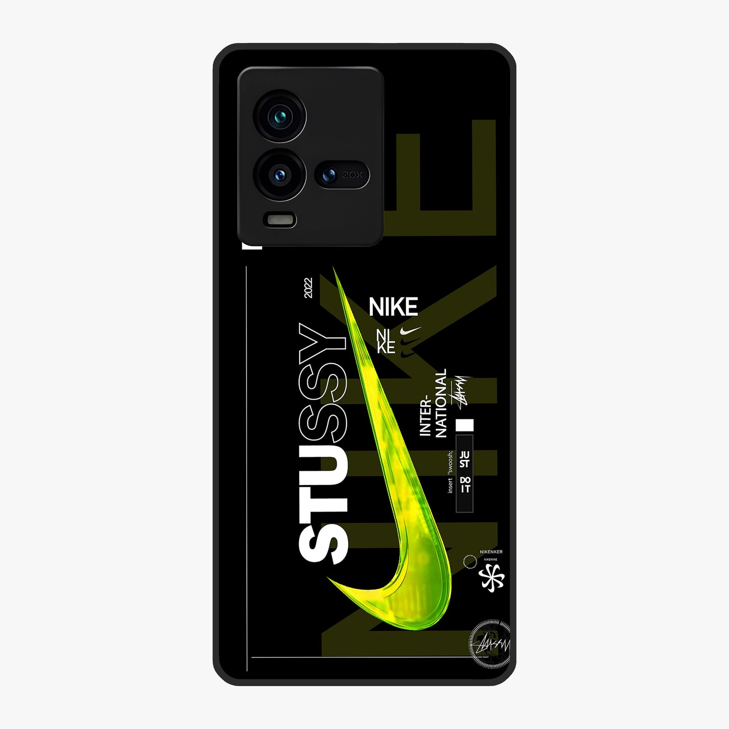 Neon Street Edition Glass Case showing flat back view with neon street style artwork and glossy glass finish.