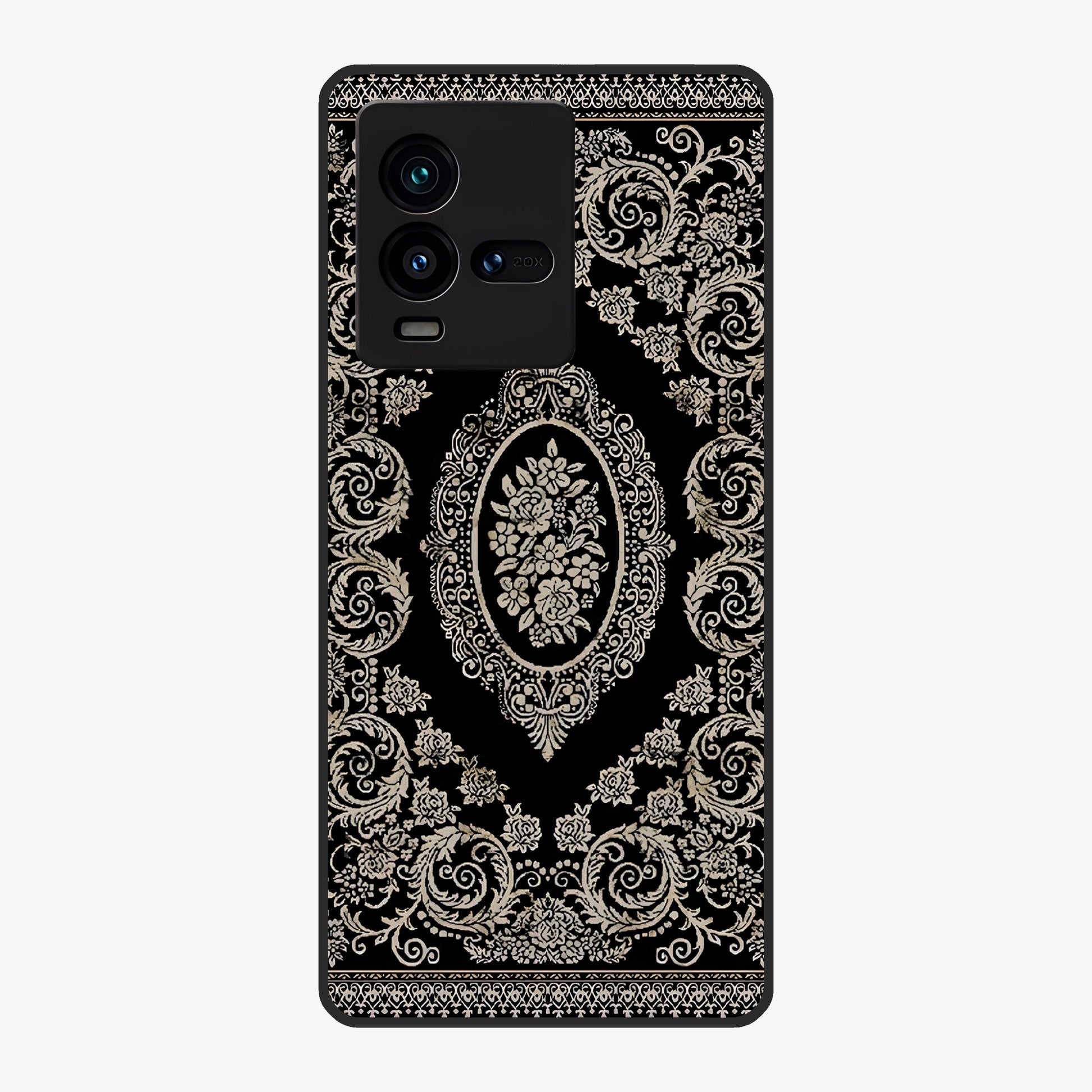 Noir Bloom Elegance Glass Case showing flat back view with elegant dark floral artwork and glossy glass finish.