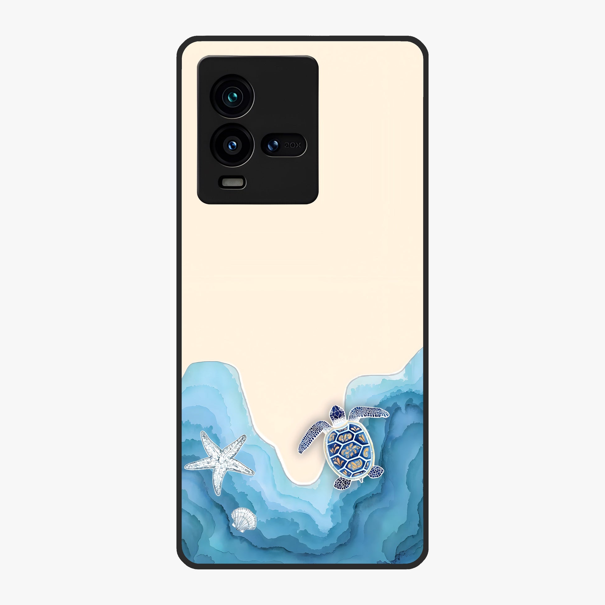 Ocean Drift Turtle Glass Case showing flat back view with sea turtle artwork and glossy glass finish.