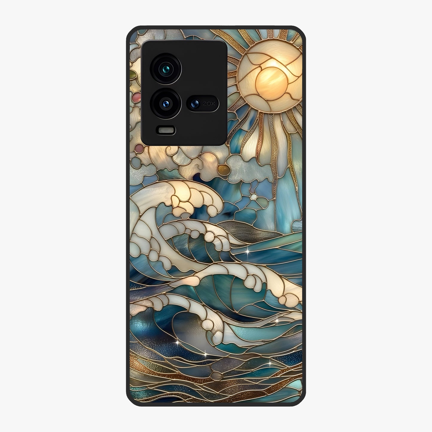 Oceanic Stained Printed Glass Case showing flat back view with ocean inspired stained pattern artwork and glossy glass finish.
