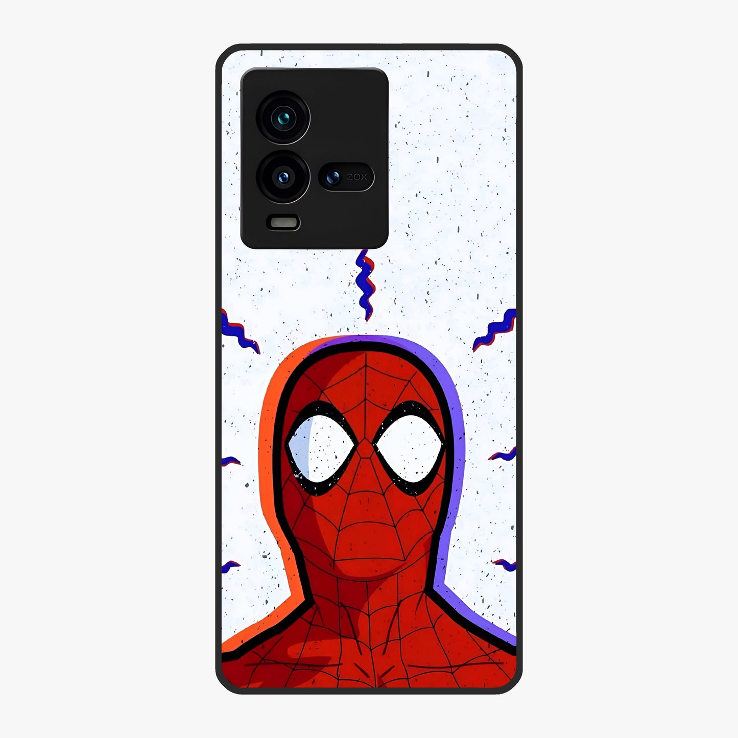 Omg Spiderman Glass Case showing flat back view with bold superhero inspired artwork and glossy glass finish.