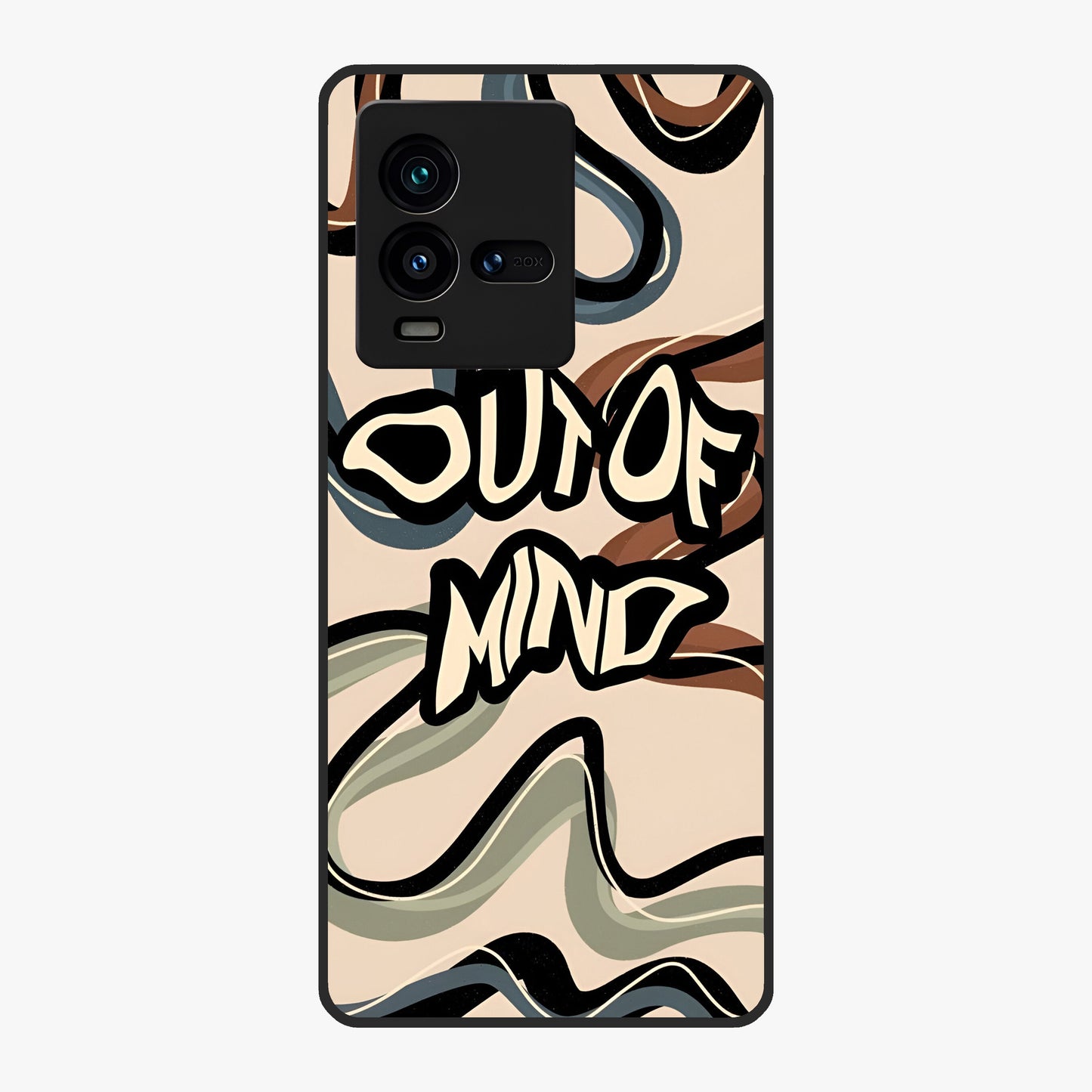 Out Of Mind Glass Case showing flat back view with expressive typography artwork and glossy glass finish.