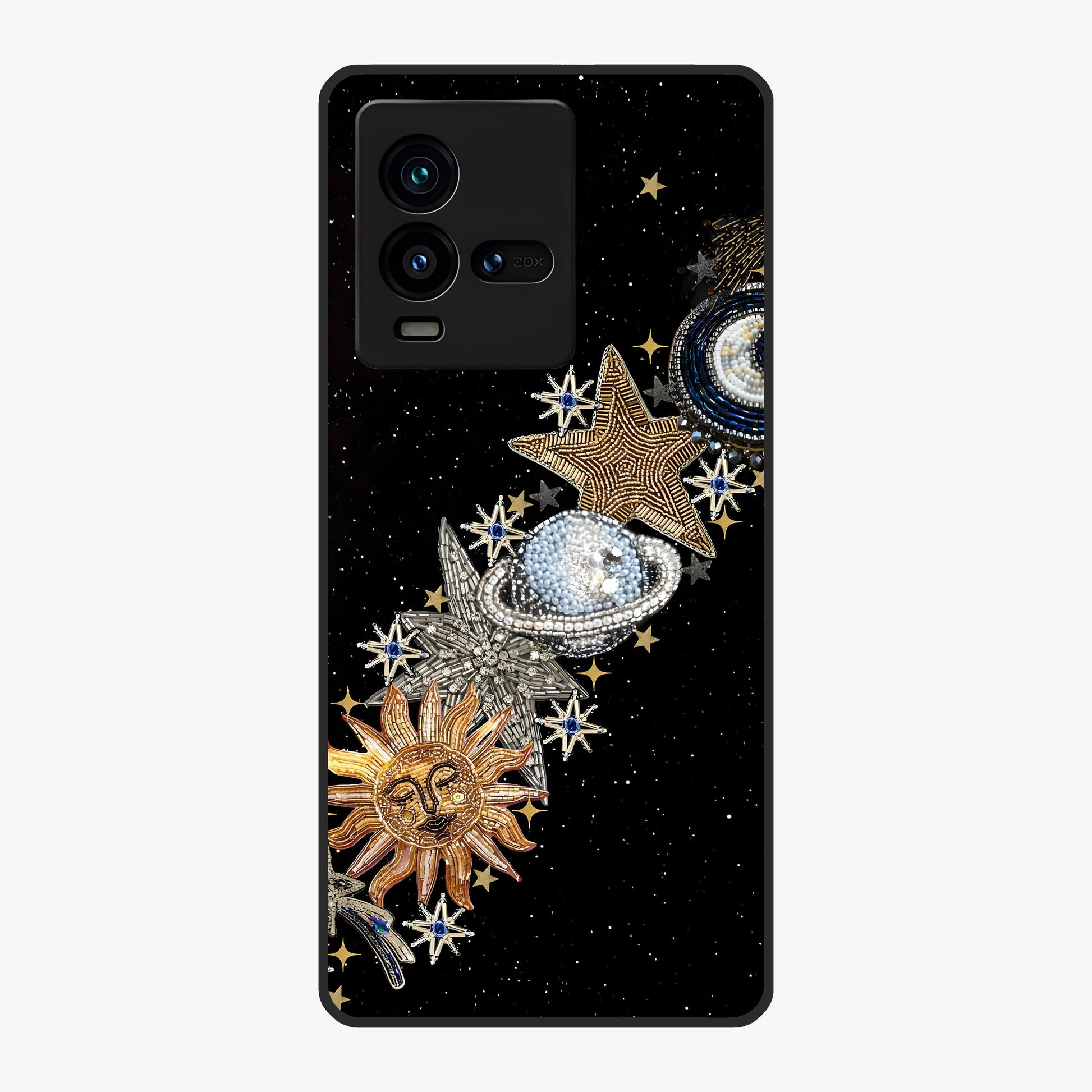 Pearls Universe Object Glass Case showing flat back view with pearl inspired cosmic artwork and glossy glass finish.