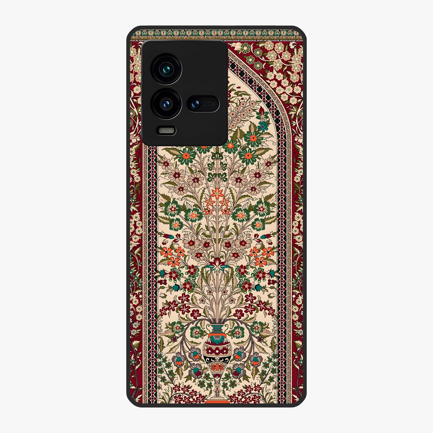 Persian Inspired Glass Case showing flat back view with ornate Persian style pattern artwork and glossy glass finish.
