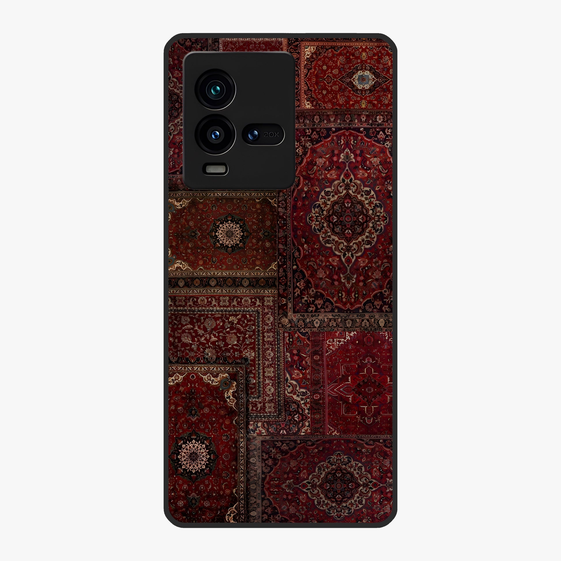 Persian Velvet Tale Glass Case showing flat back view with luxurious Persian velvet pattern artwork and glossy glass finish.
