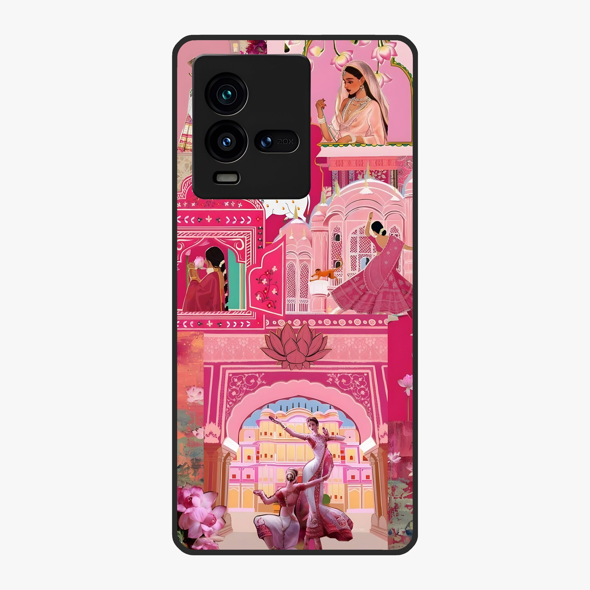 Pink Palace Muse Glass Case showing flat back view with elegant palace inspired artwork and glossy glass finish.