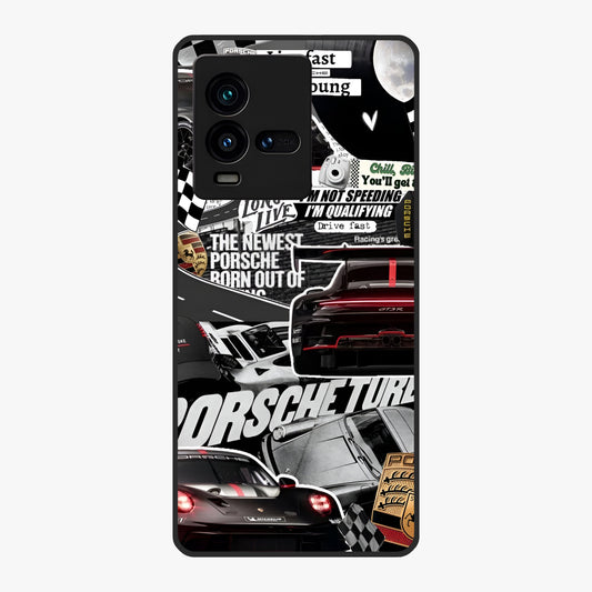 Porsche Racing Collage Glass Case showing flat back view with sports car racing collage artwork and glossy glass finish.