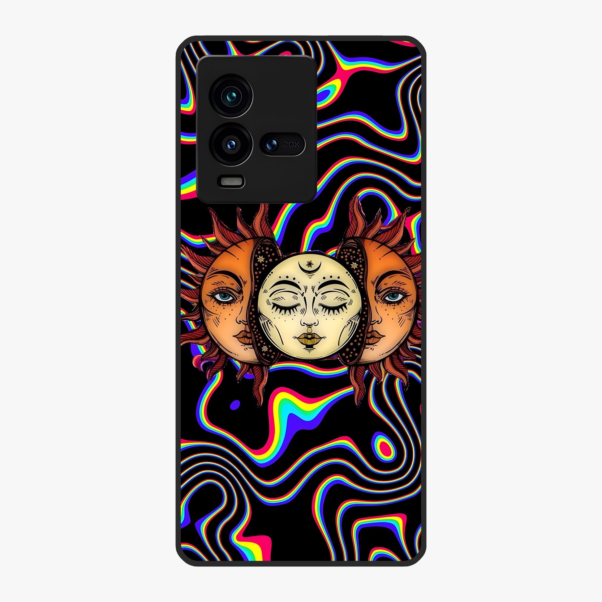 Psychedelic Sun Glass Case showing flat back view with colorful psychedelic sun artwork and glossy glass finish.