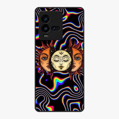 Psychedelic Sun Glass Case showing flat back view with colorful psychedelic sun artwork and glossy glass finish.