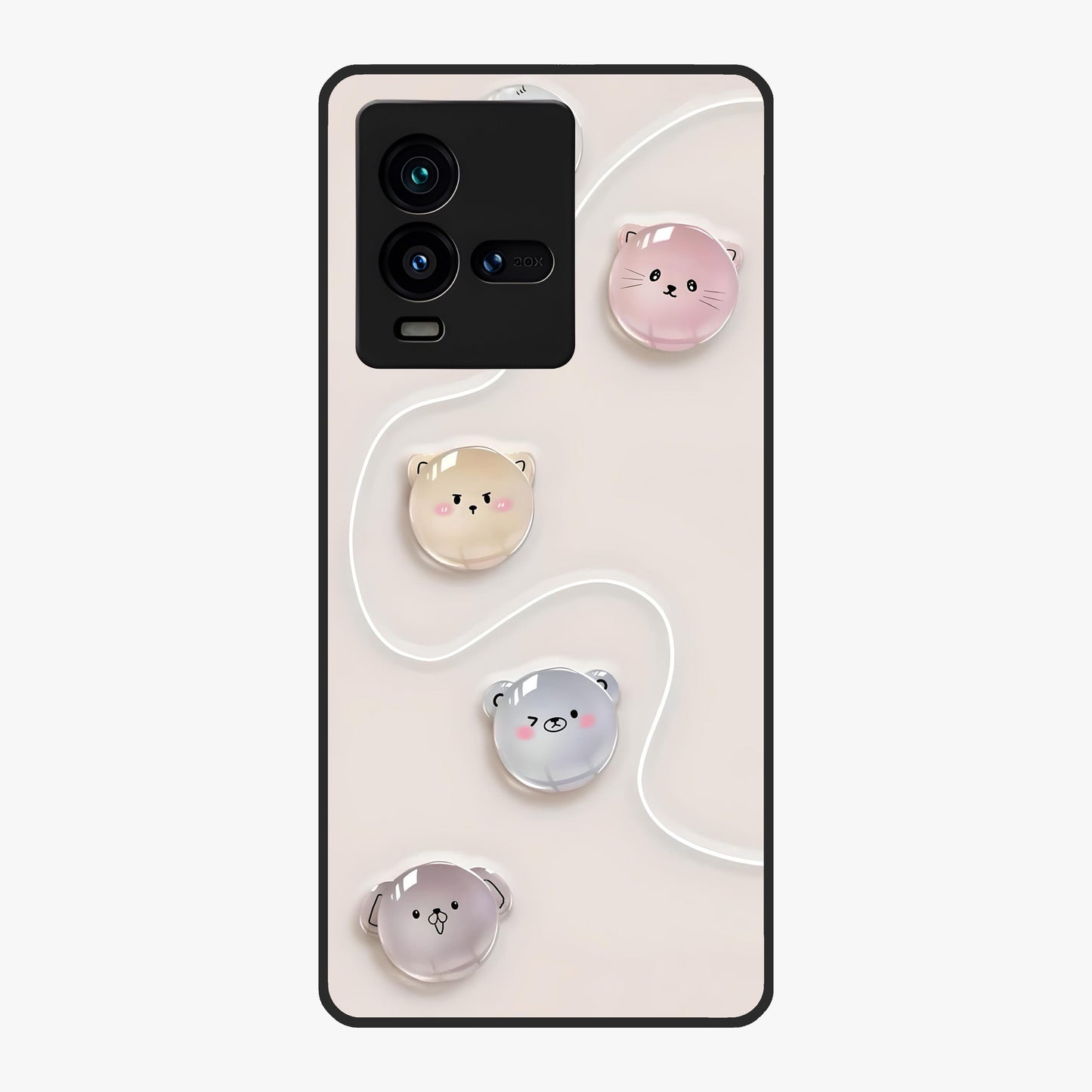 Puffy Face Parade Glass Case showing flat back view with cute puffy character faces artwork and glossy glass finish.