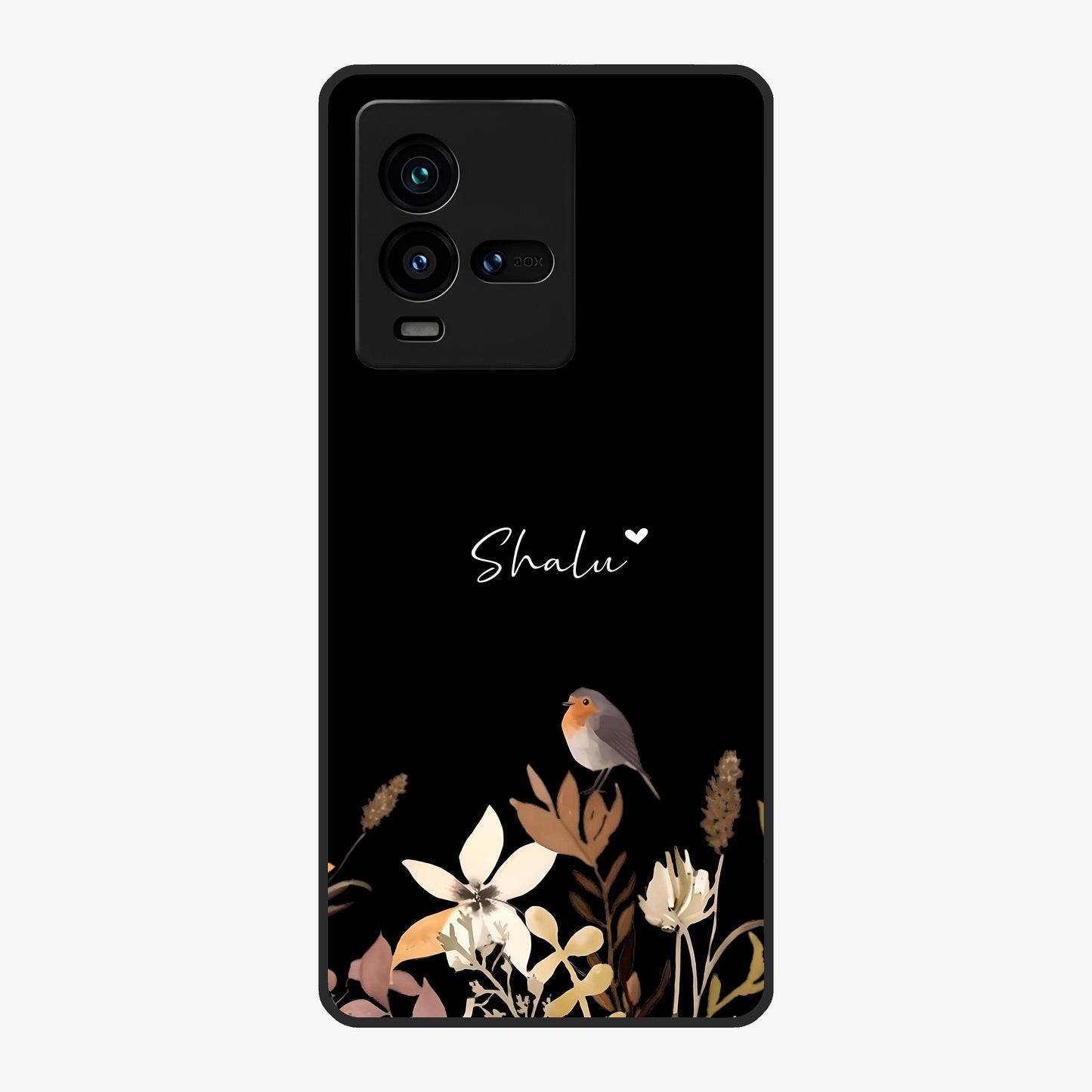 Quiet Garden Tune Custom Name Glass Case showing flat back view with peaceful garden artwork and personalized name design.