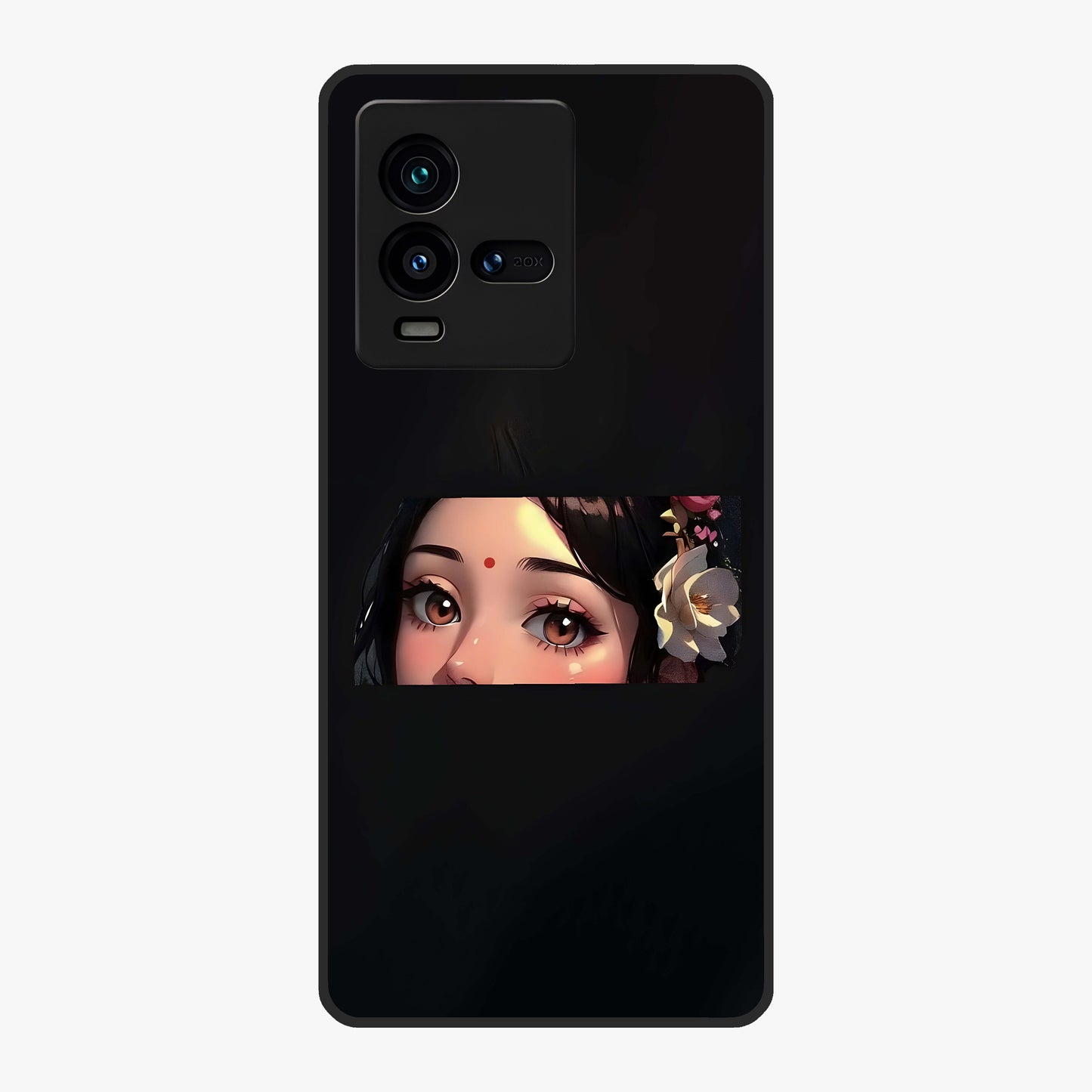 Radha Divine Embrace Glass Case showing flat back view with devotional Radha artwork and glossy glass finish.