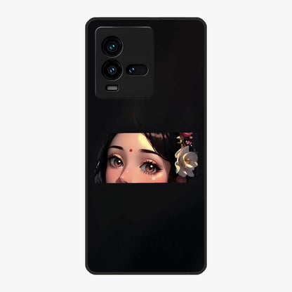 Radha Divine Embrace Glass Case showing flat back view with devotional Radha artwork and glossy glass finish.