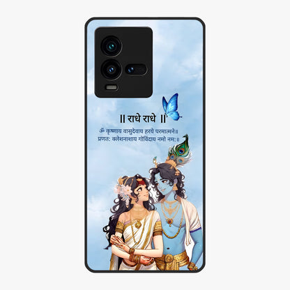 Radha Krishna Eternal Glass Case showing flat back view with Radha Krishna devotional artwork and glossy glass finish.