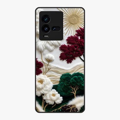 Radiant Bloom Elegance Glass Case showing flat back view with elegant blooming flower artwork and glossy glass finish.