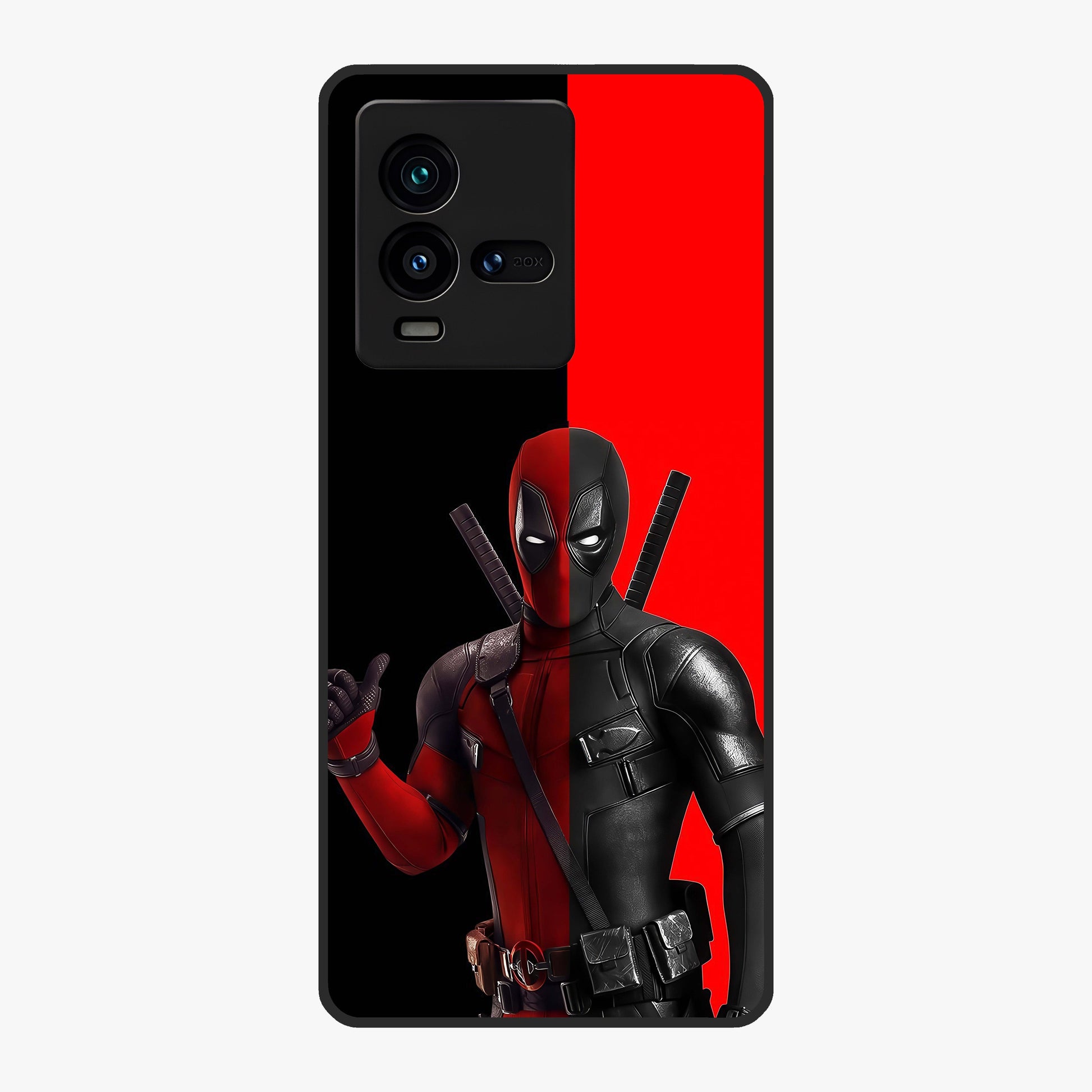 Red & Black Deadpool Theme Glass Case showing flat back view with bold comic inspired artwork and glossy glass finish.