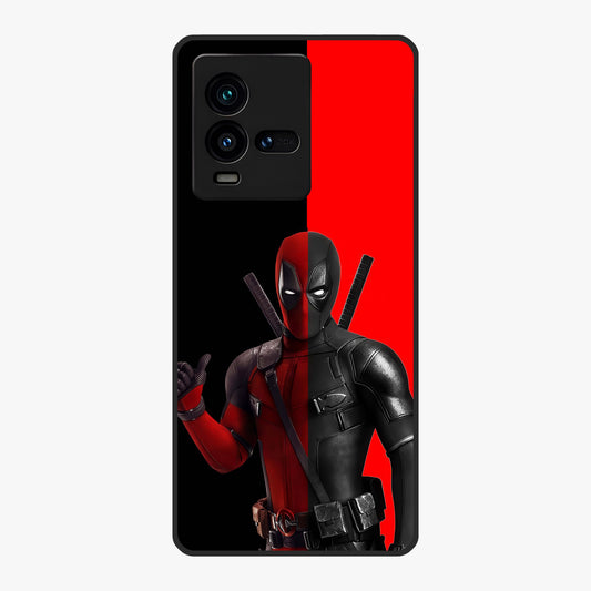 Red & Black Deadpool Theme Glass Case showing flat back view with bold comic inspired artwork and glossy glass finish.