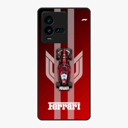 Red Ferrari F1 Vertical Glass Case showing flat back view with sleek Formula racing car artwork and glossy glass finish.
